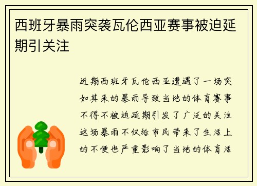 西班牙暴雨突袭瓦伦西亚赛事被迫延期引关注 西班牙暴雨突袭瓦伦西亚赛事被迫延期引关注